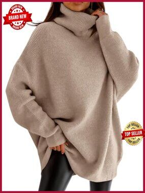 Turtleneck Oversized Chunky Knit Pullover Sweater Batwing Sleeve Loose Fit